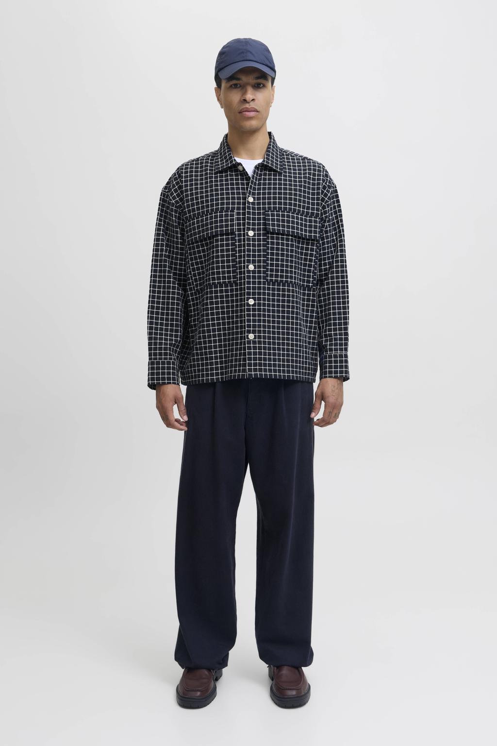 Donkerblauwe heren JACK & JONES PREMIUM geruit overshirt van katoen met lange mouwen, klassieke kraag en knoopsluiting