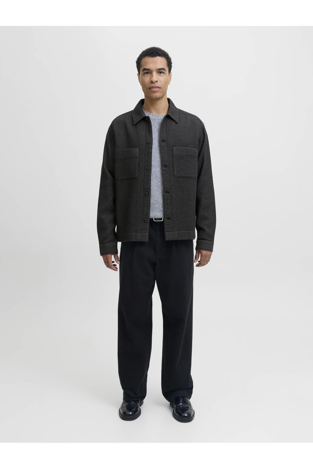 Zwarte heren JACK & JONES PREMIUM overshirt van katoen met effen, lange mouwen, klassieke kraag, knoopsluiting en textuur