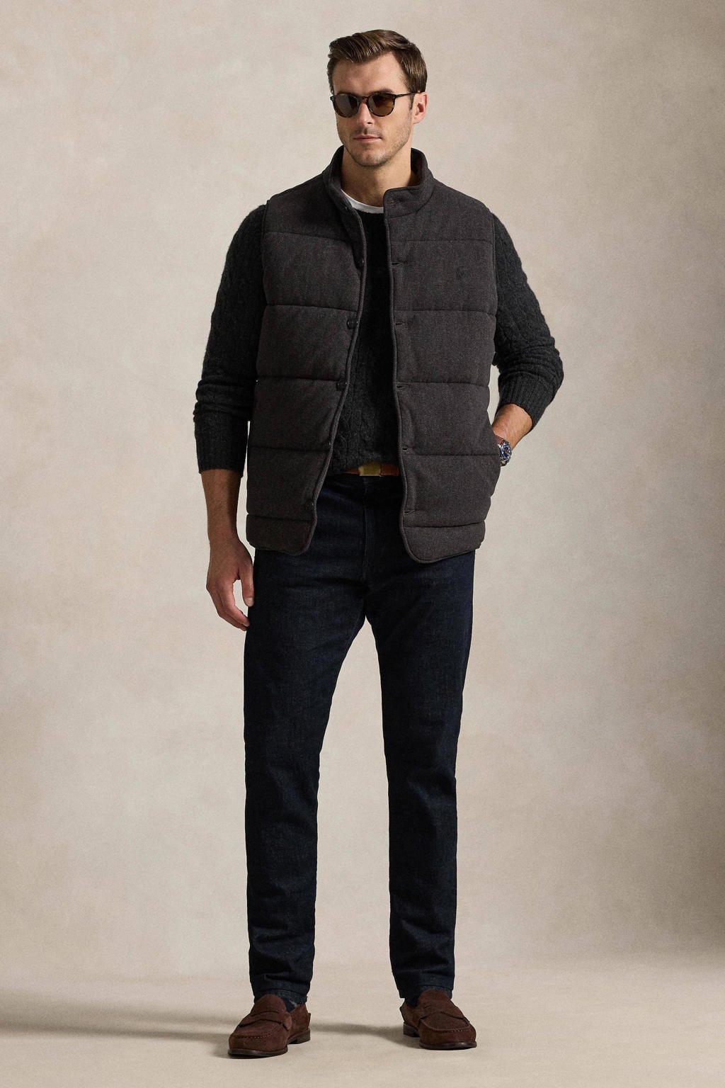 Antraciete heren Polo Ralph Lauren Big & Tall bodywarmer Plus Size van katoen met opstaande kraag en doorgestikte details