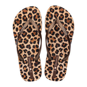teenslippers met panterprint bruin/beige
