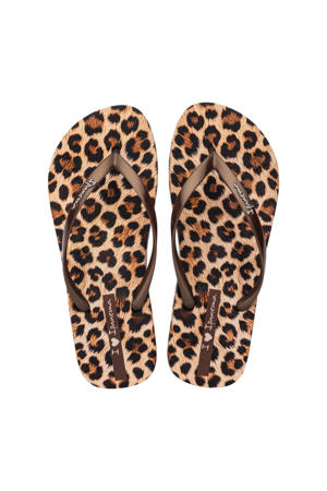 teenslippers met panterprint bruin/beige