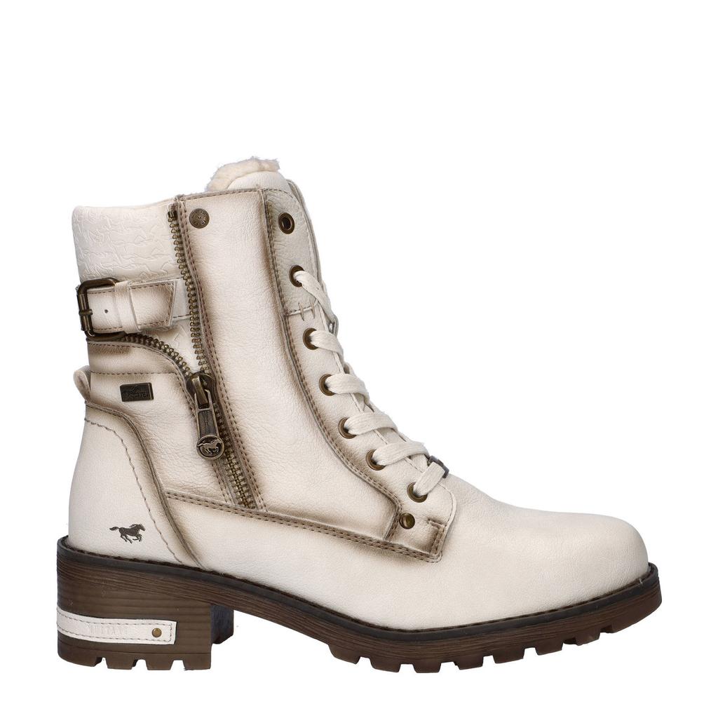 Ecru dames Mustang gevoerde veterboots van imitatieleer met rits- en vetersluiting