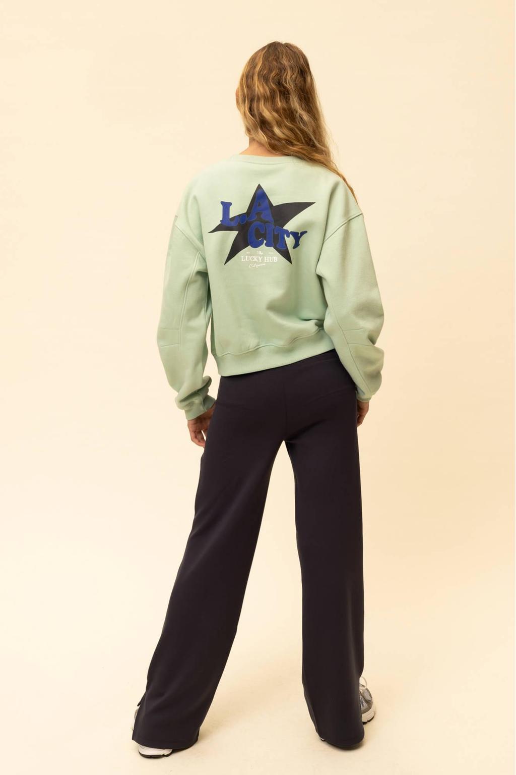 Mintgroen, kobaltblauw en grijze meisjes LOOXS 10sixteen sweater met backprint, lange mouwen, ronde hals en elastische boord