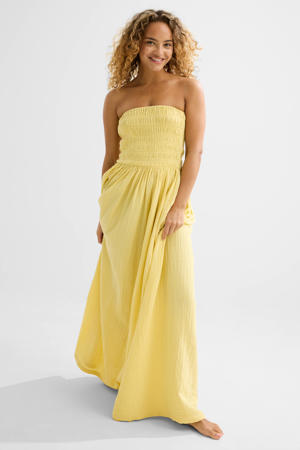 strapless mousseline strandjurk lichtgeel