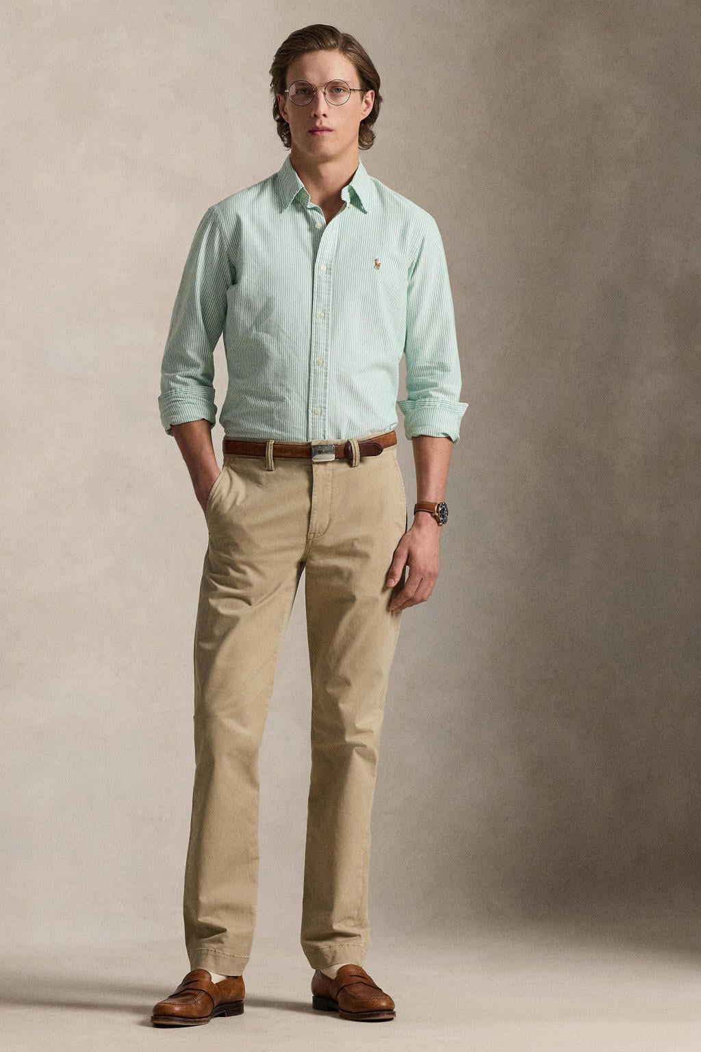 Groene heren Polo Ralph Lauren regular gestreepte casual overhemd van katoen met lange mouwen, klassieke kraag en knoopsluiting