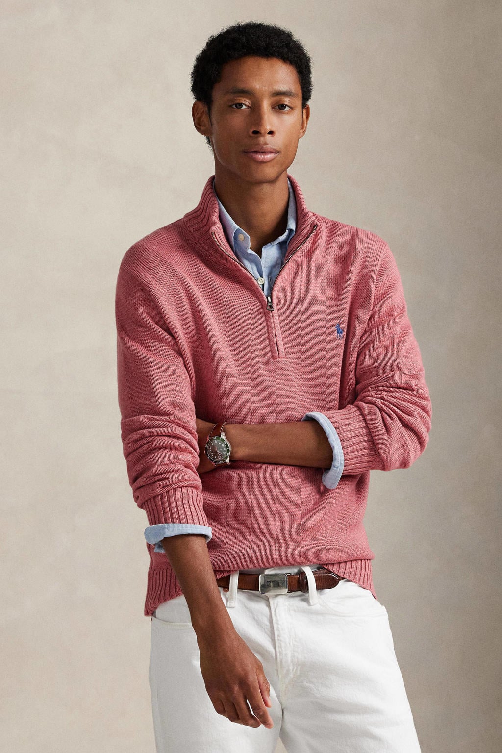 Roze heren Polo Ralph Lauren gebreide trui van katoen met effen, lange mouwen, opstaande kraag en halve rits
