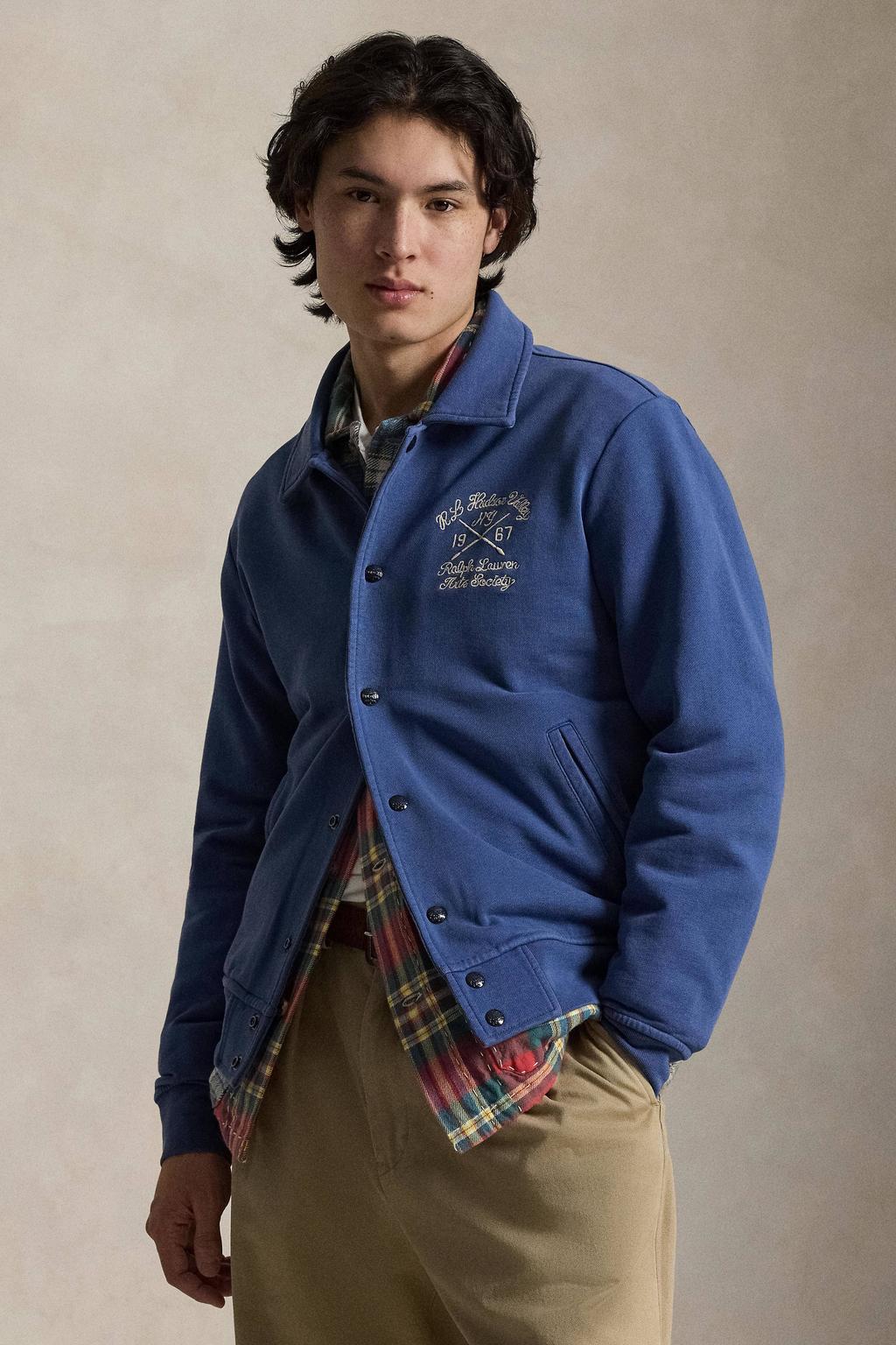 Blauwe heren Polo Ralph Lauren jacket van katoen met backprint, lange mouwen, klassieke kraag, drukknoopsluiting en borduursels