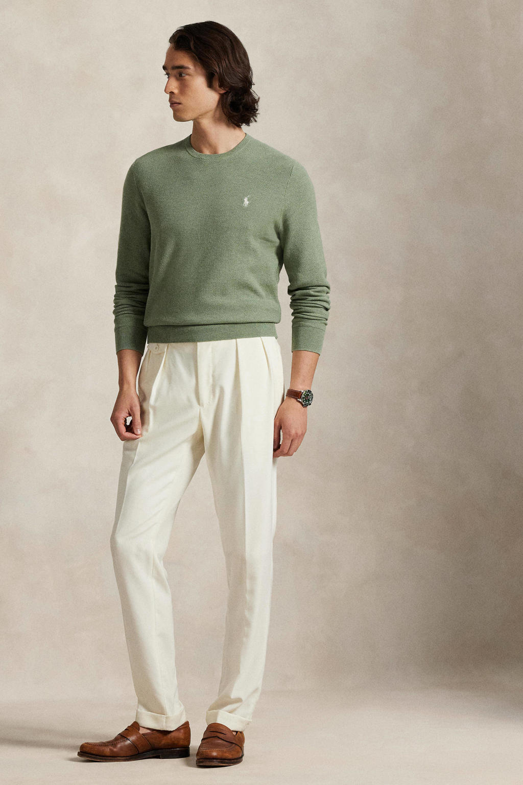Groene heren Polo Ralph Lauren pullover gebreid van katoen met effen, lange mouwen en ronde hals