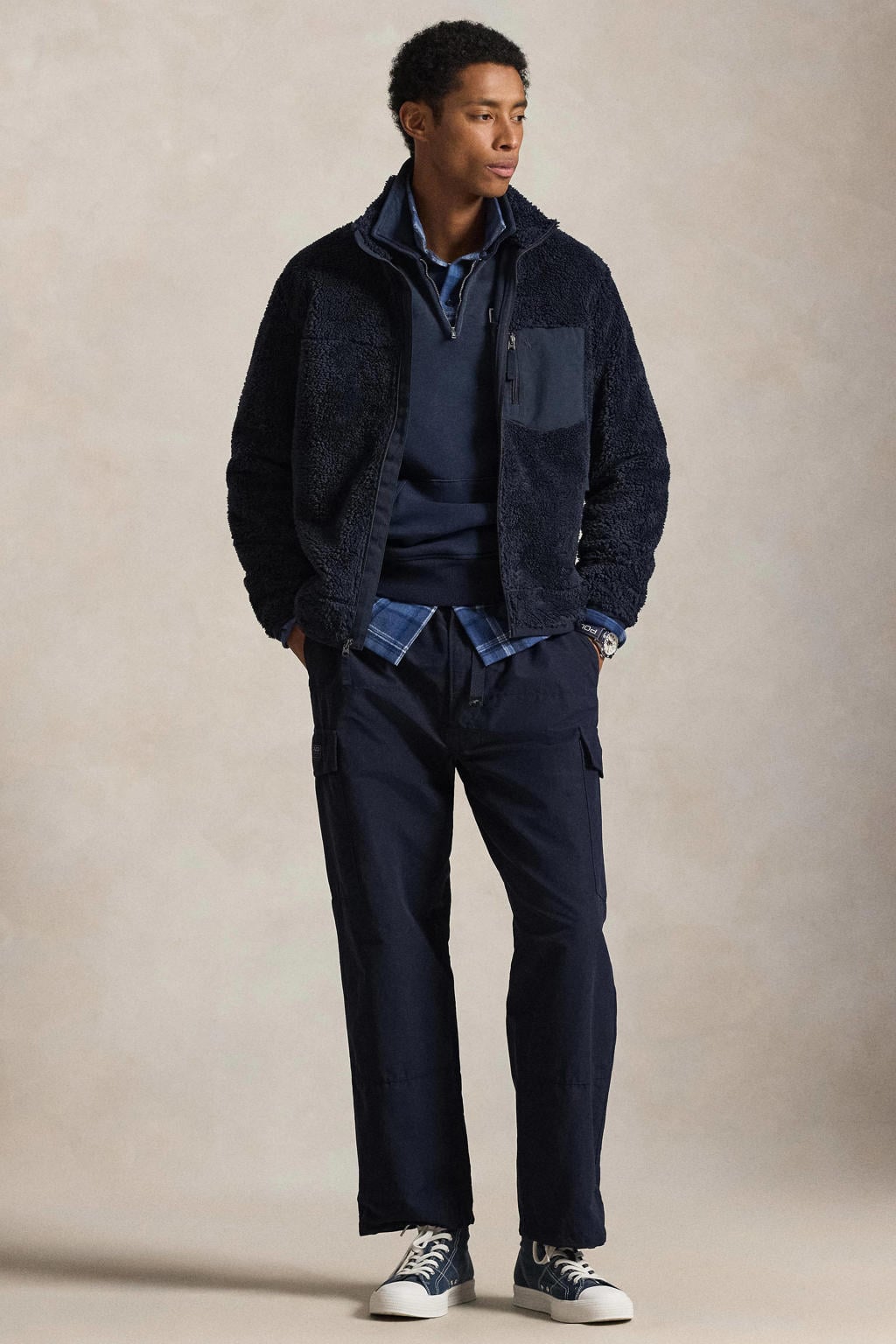 Donkerblauwe heren Polo Ralph Lauren teddy fleecevest met effen, lange mouwen, opstaande kraag en ritssluiting