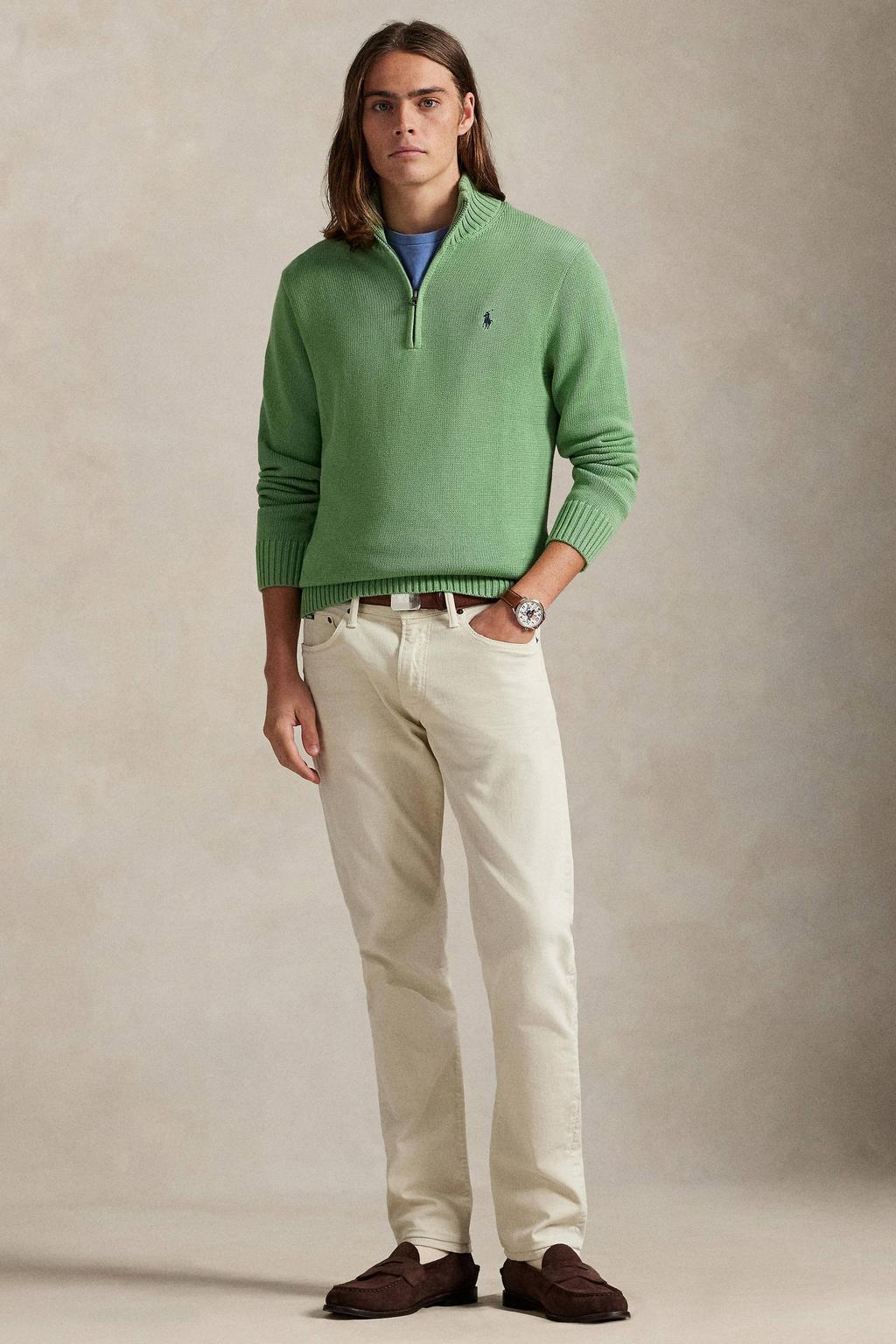 Groene heren Polo Ralph Lauren gebreide trui van katoen met effen, lange mouwen, opstaande kraag en halve rits