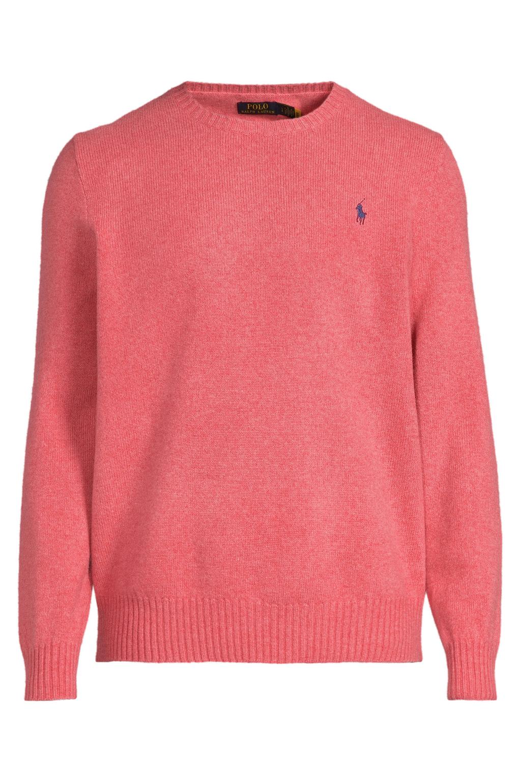 Roze heren Polo Ralph Lauren trui fijn gebreid van wol met effen, lange mouwen, ronde hals en borduursels