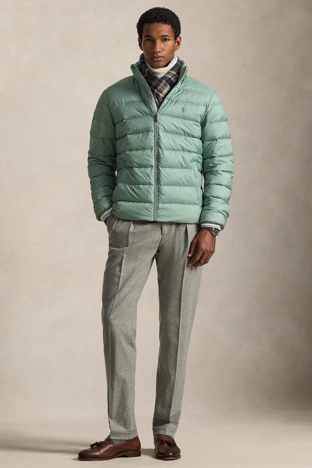 Groene heren Polo Ralph Lauren gewatteerde jas van polyester met effen, lange mouwen, opstaande kraag en ritssluiting