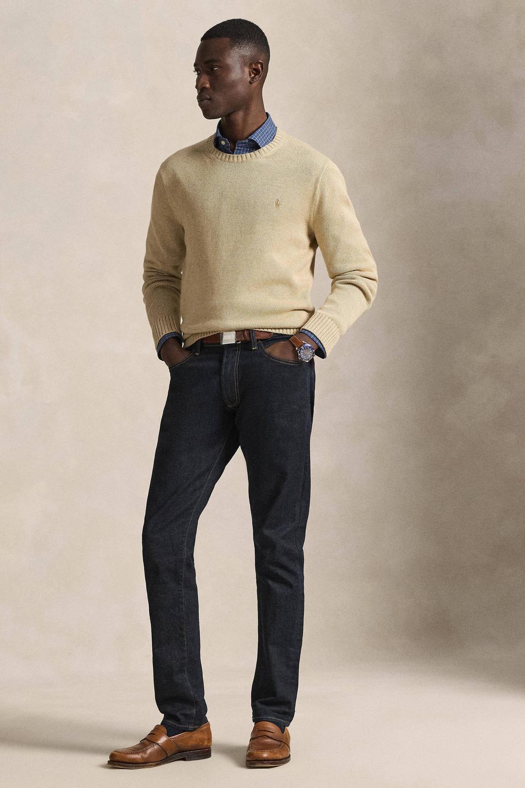 Beige heren Polo Ralph Lauren gebreide trui van katoen met effen, lange mouwen en ronde hals