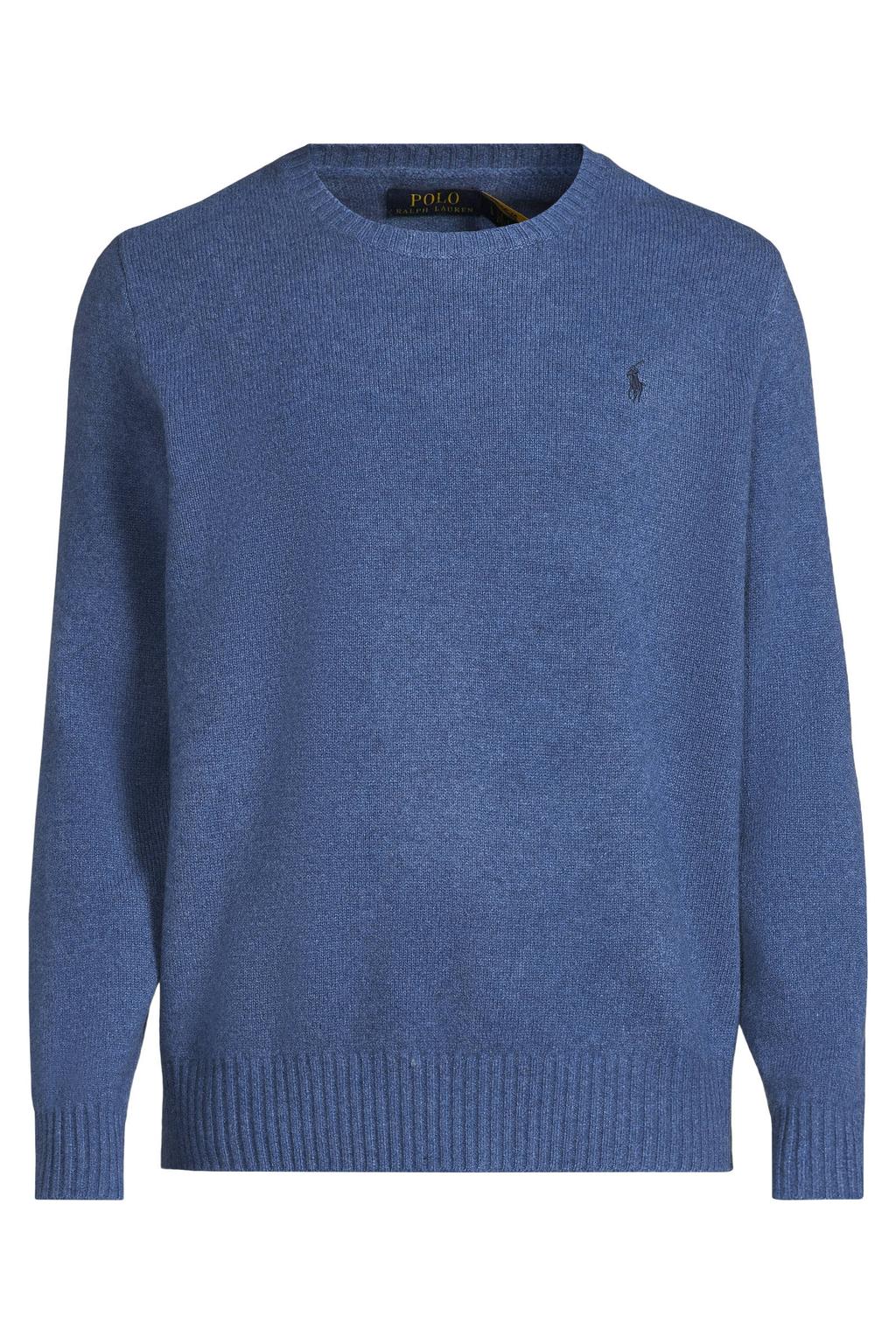 Blauwe heren Polo Ralph Lauren trui fijn gebreid van wol met effen, lange mouwen, ronde hals en borduursels