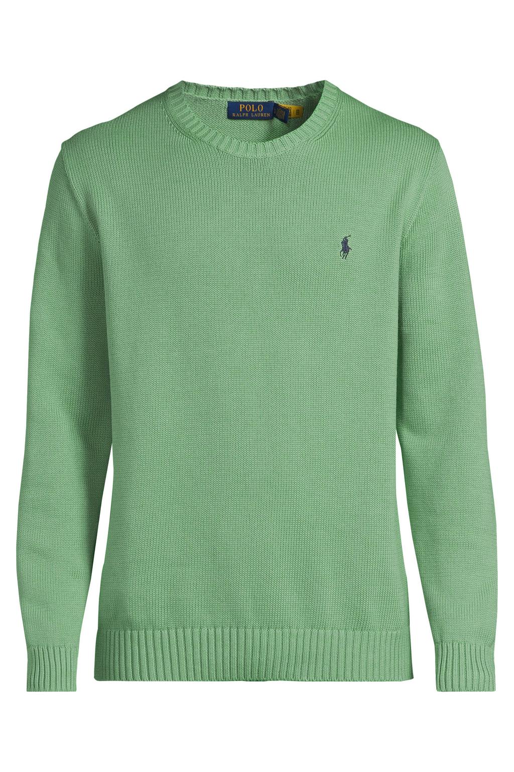 Groene heren Polo Ralph Lauren gebreide trui van katoen met effen, lange mouwen en ronde hals