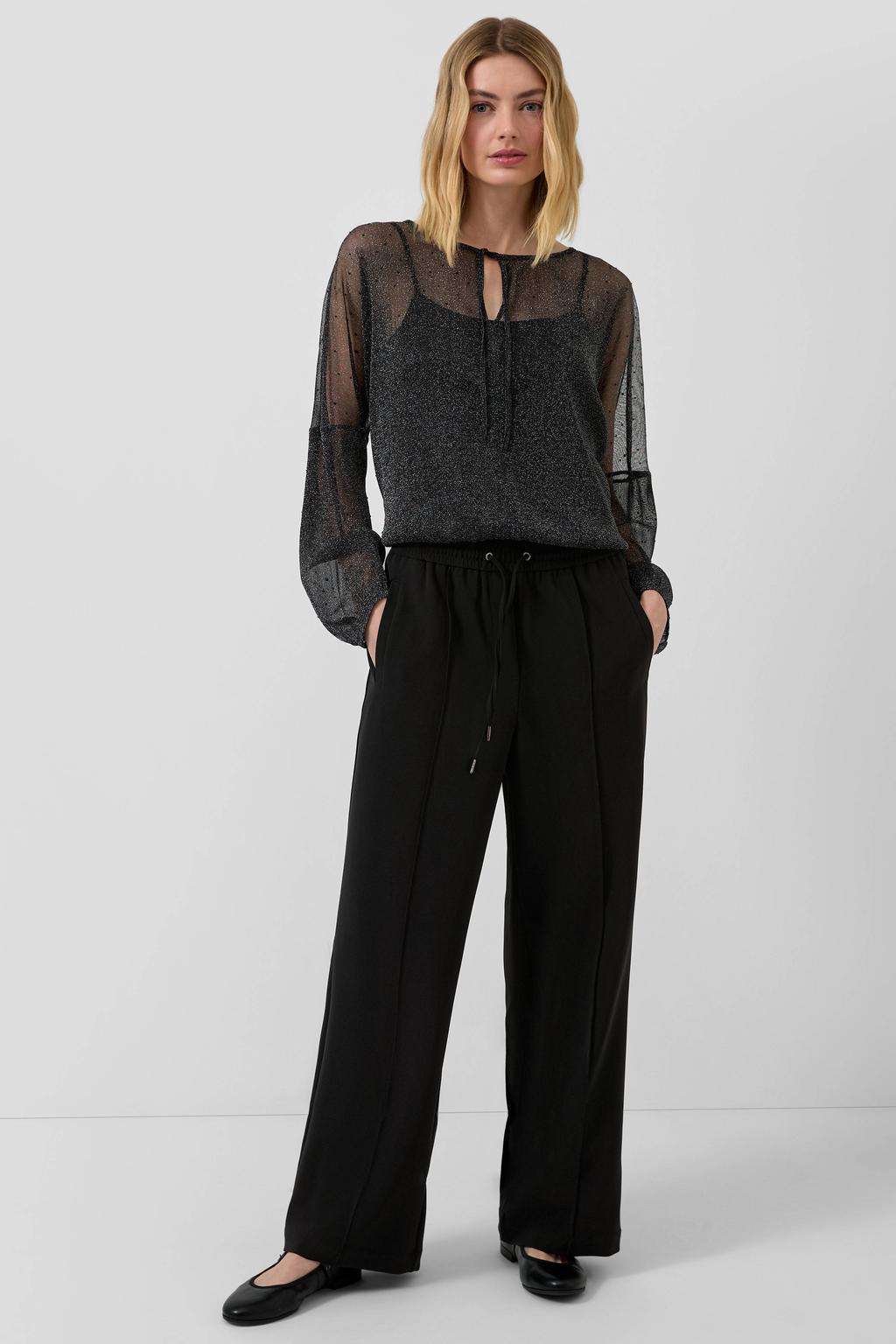 Zwarte dames s.Oliver straight regular waist broek van polyester met elastische tailleband met koord en effen