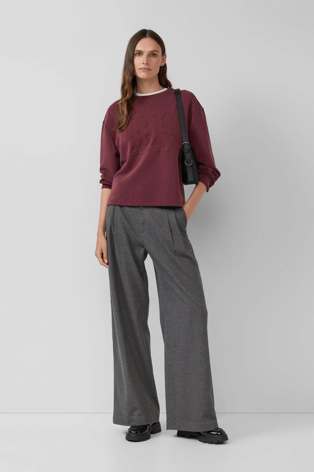 Donkerrode dames s.Oliver sweater van modal met logo dessin, lange mouwen en ronde hals