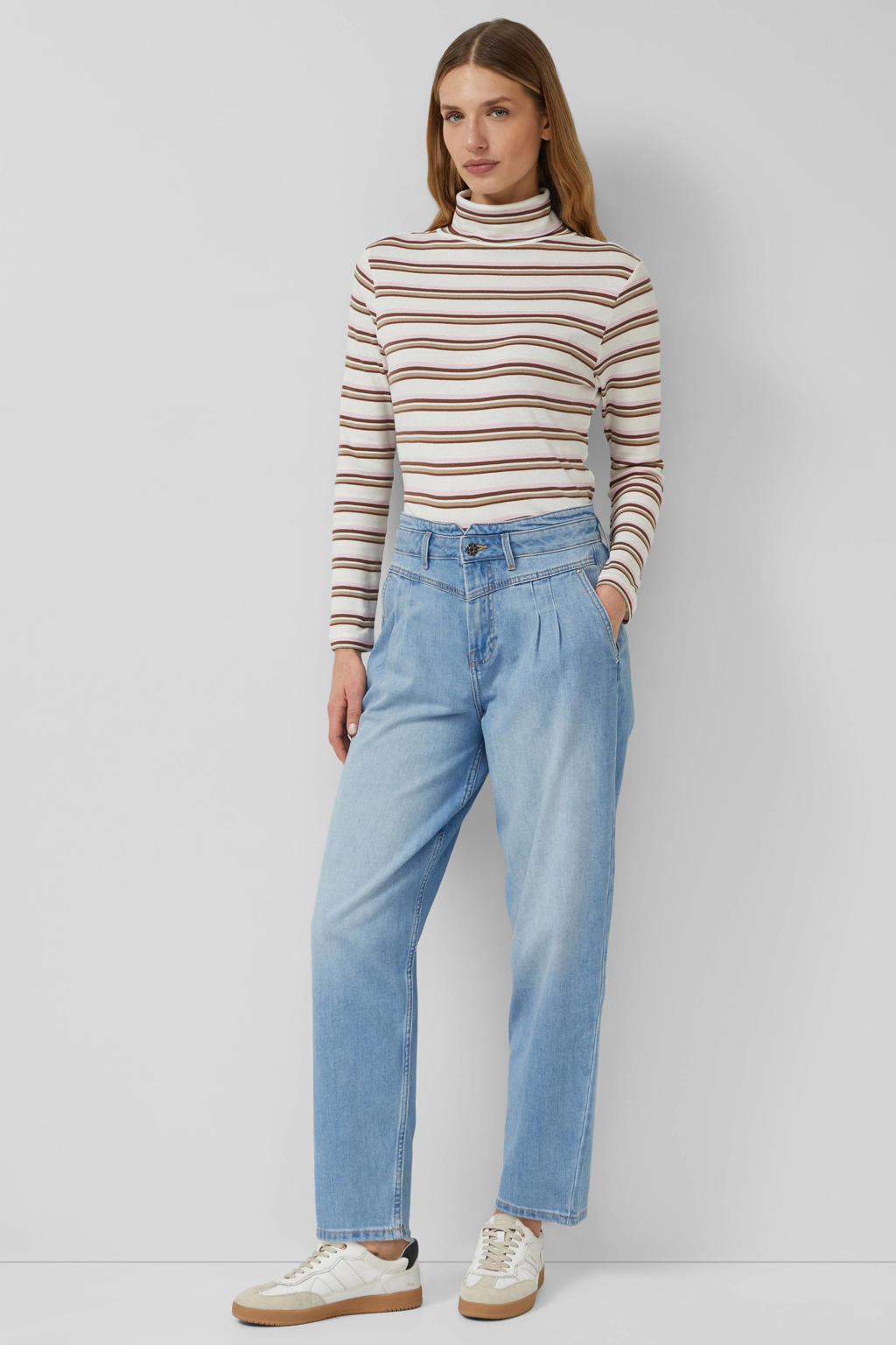 Lichtblauwe dames s.Oliver high waist barrel jeans van denim met rits- en knoopsluiting en effen