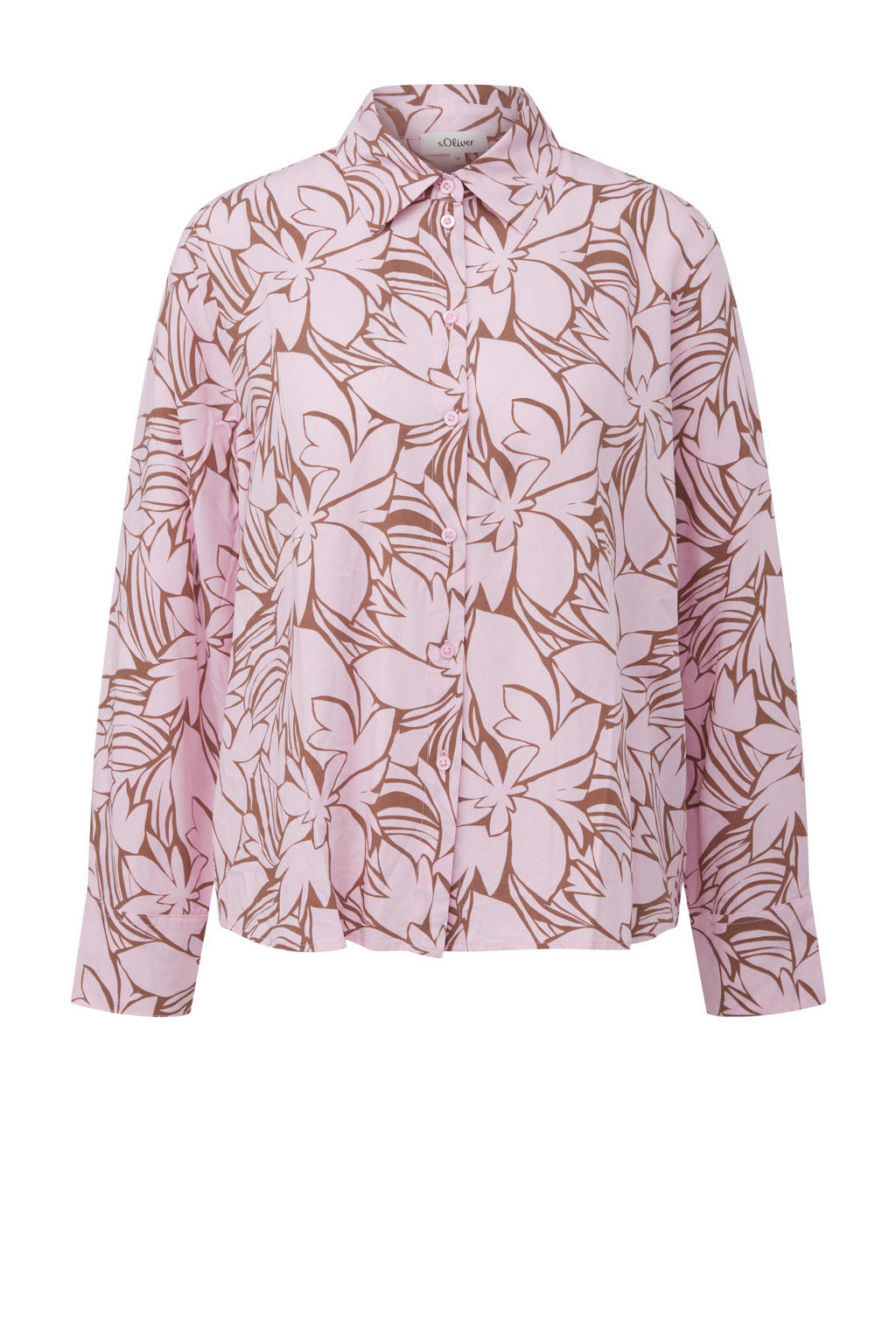Lichtroze en bruine dames s.Oliver blouse van viscose met lange mouwen, klassieke kraag en knoopsluiting