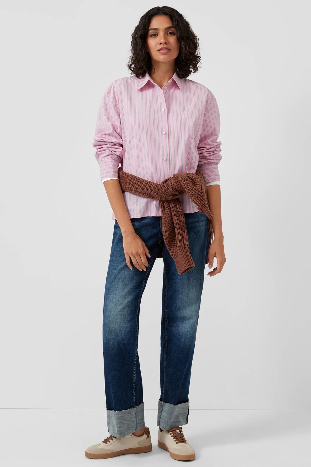 Roze dames s.Oliver gestreepte blouse van katoen met lange mouwen, klassieke kraag en knoopsluiting