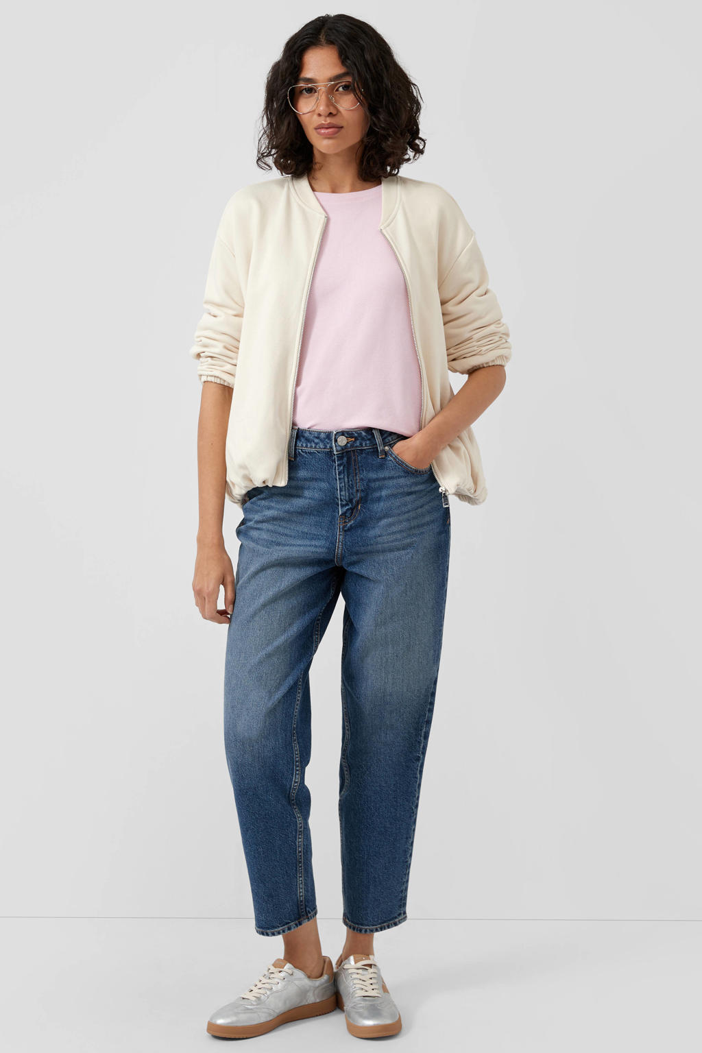 Dark blue denim dames s.Oliver mom jeans dark blue van denim met rits- en knoopsluiting en effen