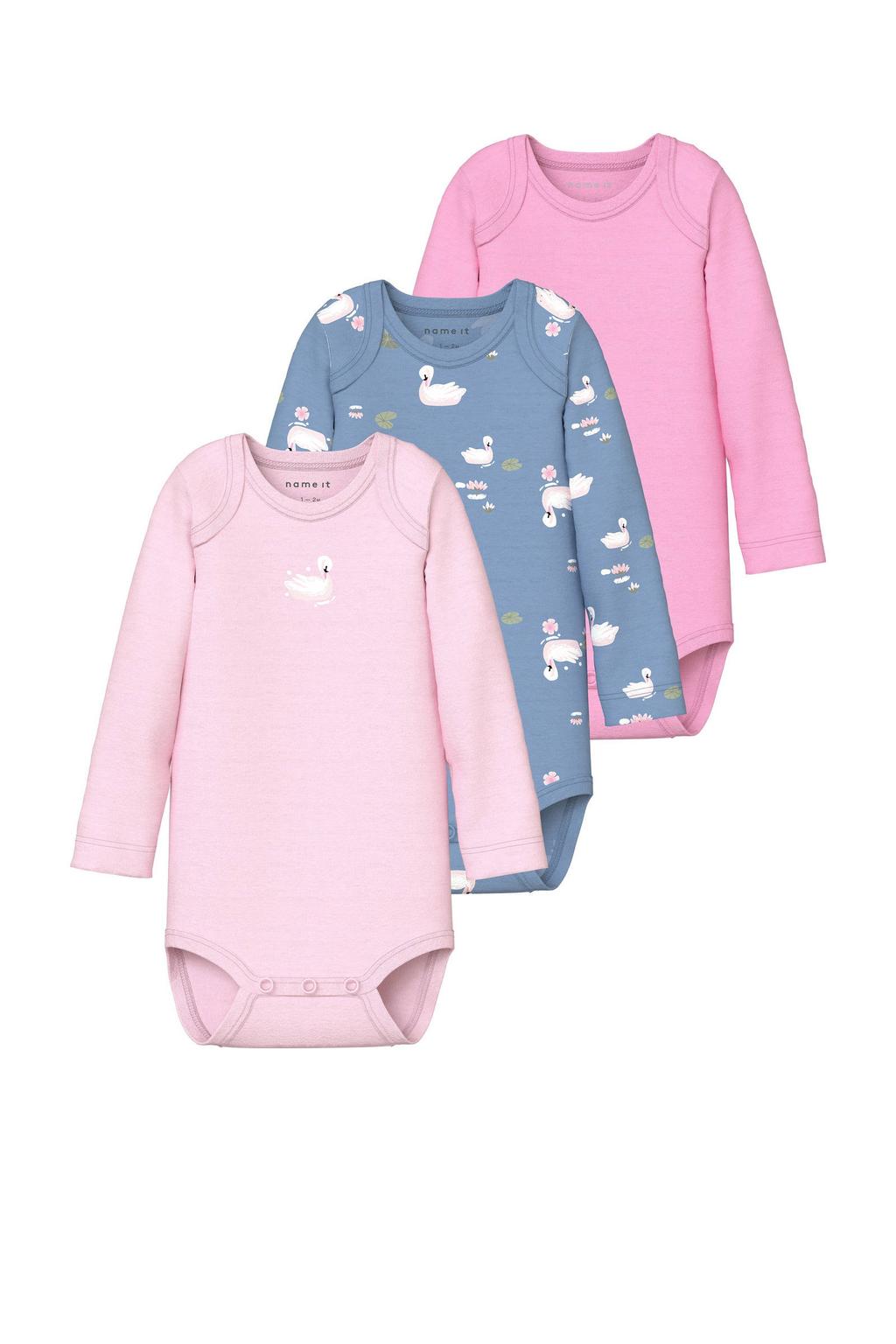NAME IT BABY romper - lichtroze/blauw/roze (set van 3)