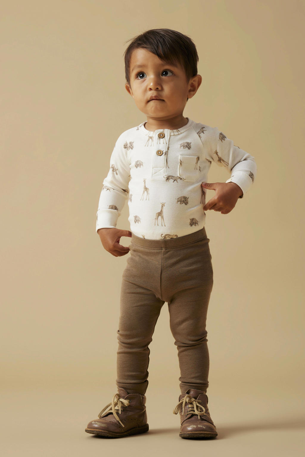 Bruine jongens en meisjes LIL' ATELIER BABY casual broek van katoen met slim fit, elastische tailleband en effen