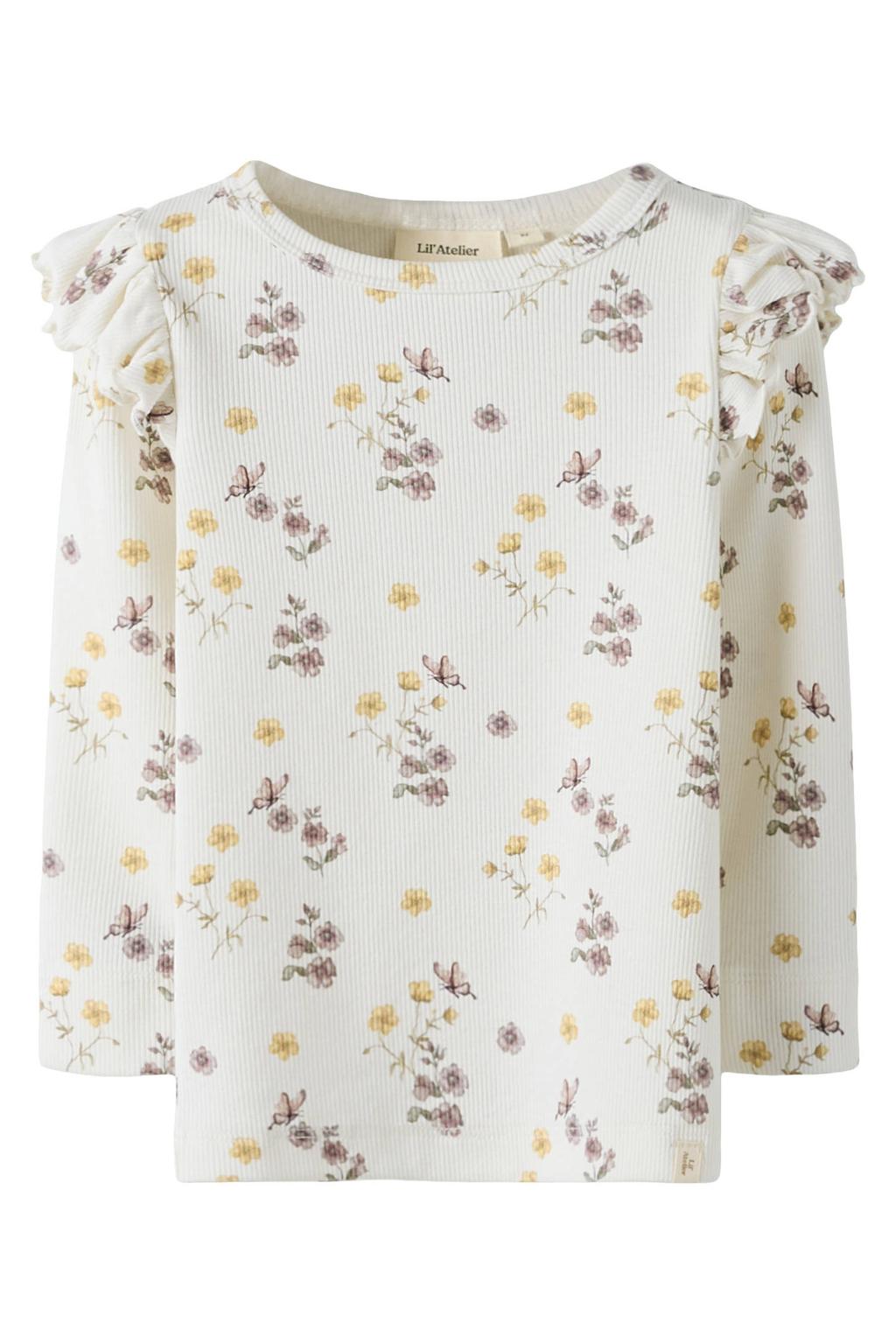Ecru meisjes LIL' ATELIER MINI aansluitend gebloemde longsleeve van stretchkatoen met lange mouwen, ronde hals en ruches