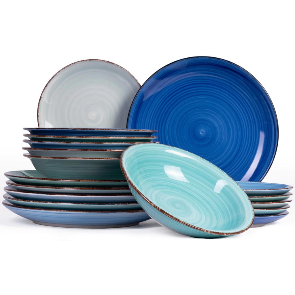 Cookinglife Serviesset Delice Blauw 18-delig / 6 personen - 6 dinerborden, 6 diepe borden en 6 ontbijtborden