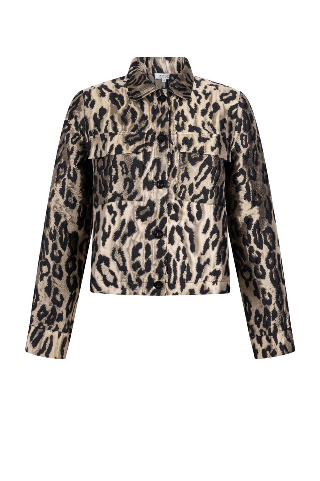Bruin en zwarte dames Zoso jasje van polyester met dierenprint, lange mouwen, klassieke kraag en knoopsluiting