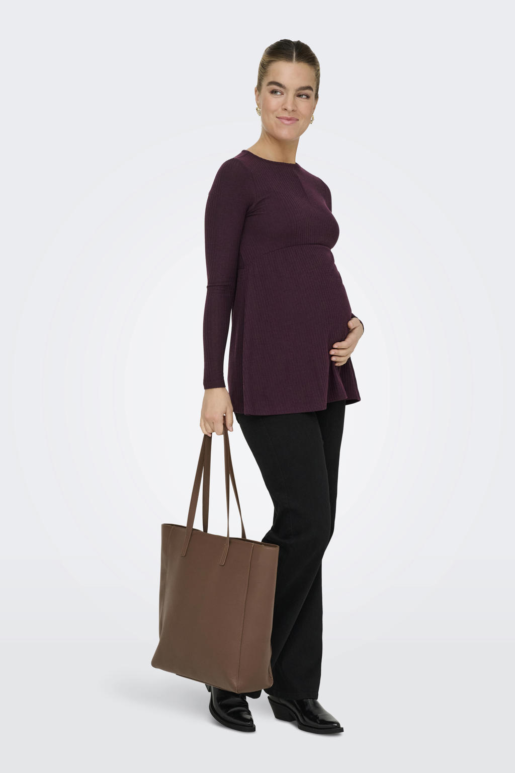 Donkerpaarse dames ONLY MATERNITY zwangerschaps top rib gebreid van polyester met effen, lange mouwen en ronde hals