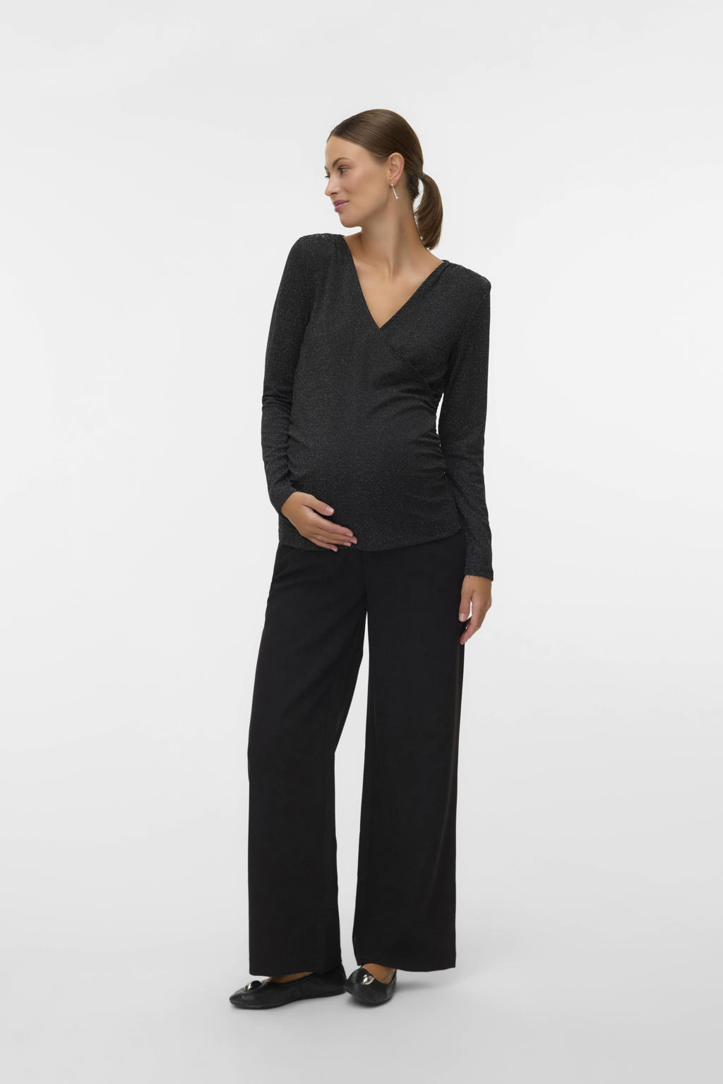 Zwarte dames MAMALICIOUS zwangerschaps top van polyester met effen, lange mouwen, V-hals en glitters