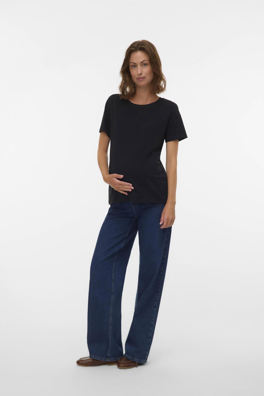 Dark blue denim dames MAMALICIOUS low waist zwangerschaps wide leg jeans dark blue van denim met rits- en knoopsluiting en effen