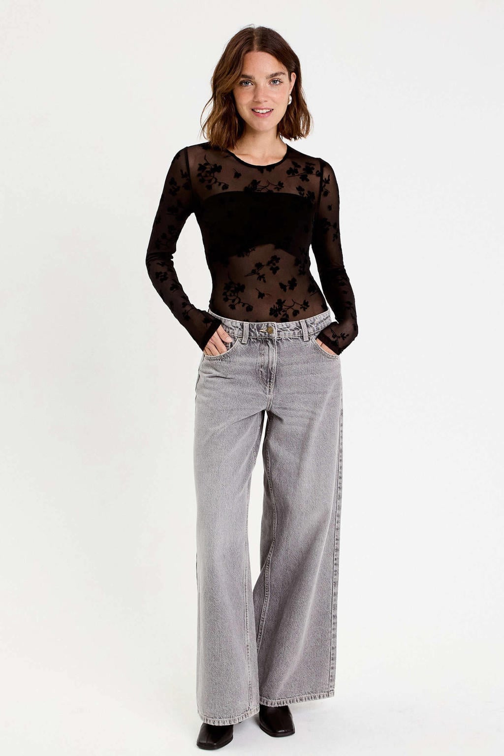 Zwarte dames Cache Cache top van polyamide met lange mouwen, ronde hals en mesh
