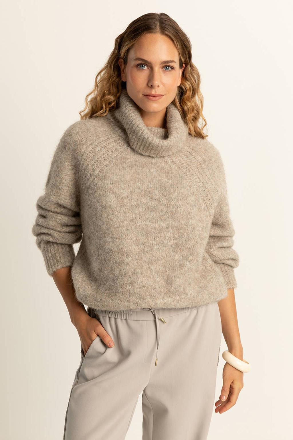 Beige dames Expresso trui gebreid van wol met melée print, lange mouwen en rolkraag
