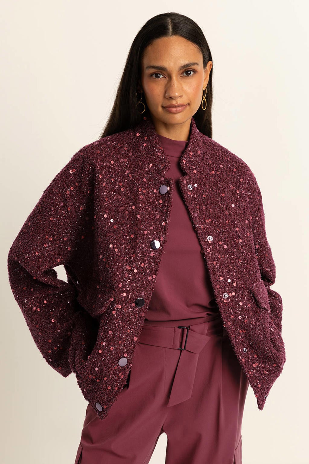 Donkerrode dames Expresso jasje van polyester met effen, lange mouwen, klassieke kraag, knoopsluiting en pailletten