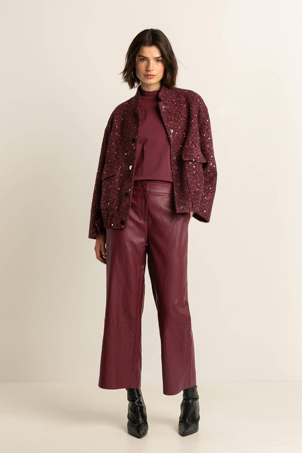 Donkerrode dames Expresso imitatieleren wide leg high waist culotte met rits, haak- en knoopsluiting