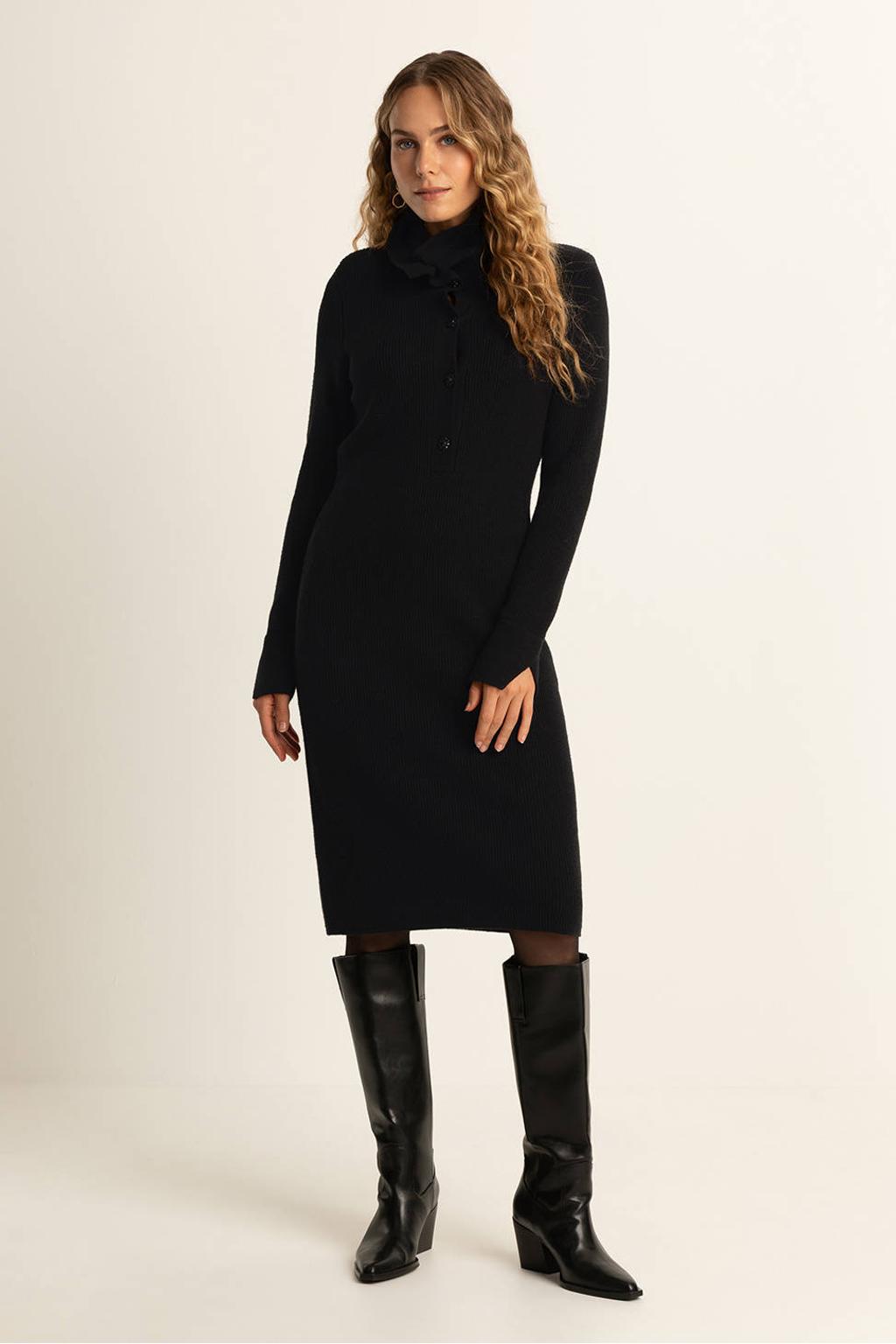 Zwarte dames Expresso midi jurk gebreid van acryl met effen, lange mouwen, klassieke kraag en knoopsluiting