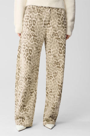 high waist barrel jeans met panterprint lichtbruin