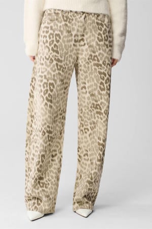 high waist barrel jeans met panterprint lichtbruin