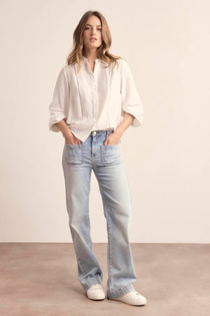 high waist straight leg jeans light blue denim