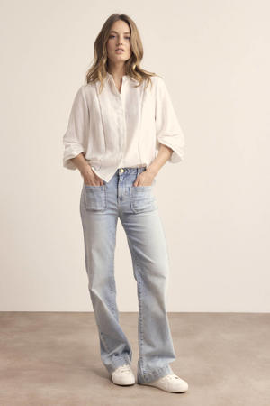 high waist straight leg jeans light blue denim