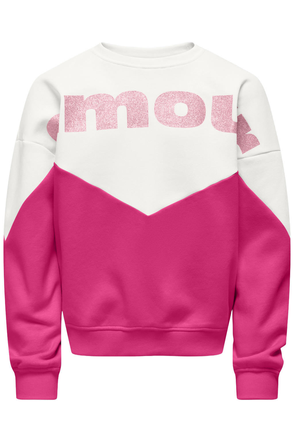 Fuchsia en witte meisjes KIDS ONLY GIRL sweater met meerkleurige print, lange mouwen, ronde hals en geribde boorden