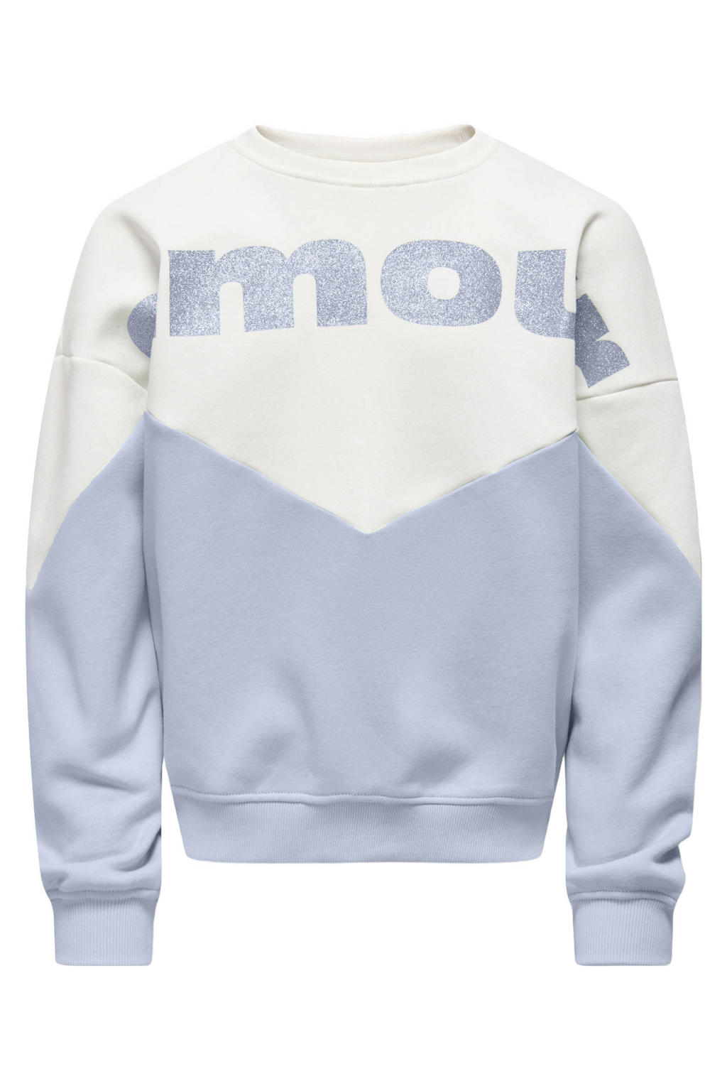 Lichtblauw en witte meisjes KIDS ONLY GIRL sweater met meerkleurige print, lange mouwen, ronde hals en geribde boorden