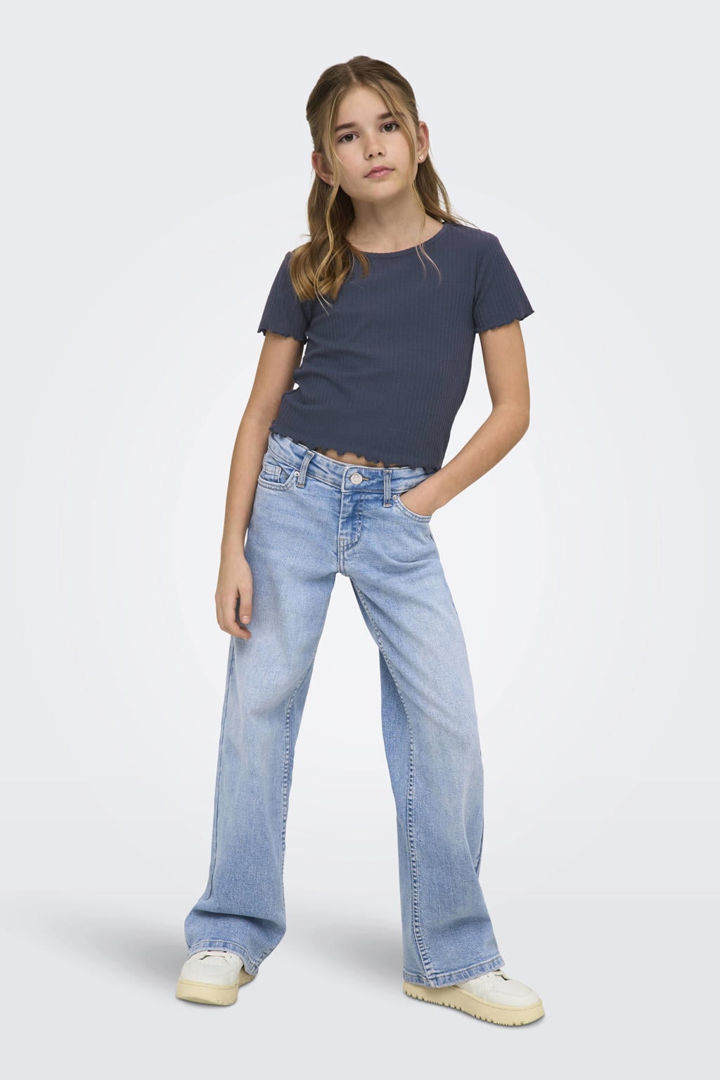 Grijsblauwe meisjes KIDS ONLY GIRL T-shirt rib gebreid blauw van polyester met effen, korte mouwen en ronde hals