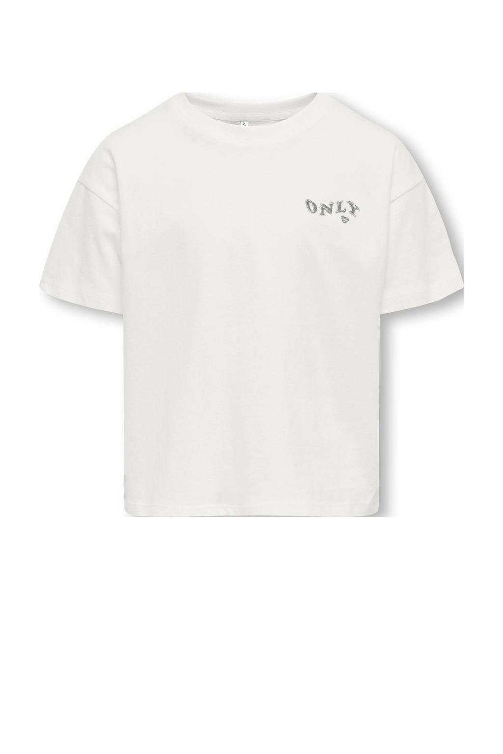 Witte meisjes KIDS ONLY GIRL T-shirt van katoen met effen, korte mouwen, ronde hals en borduursels