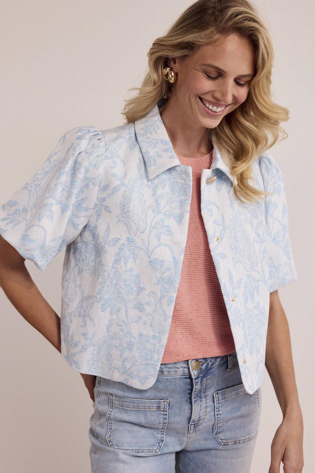 Blauwe dames Tramontana jasje van katoen met korte mouwen, klassieke kraag, drukknoopsluiting en jacquard
