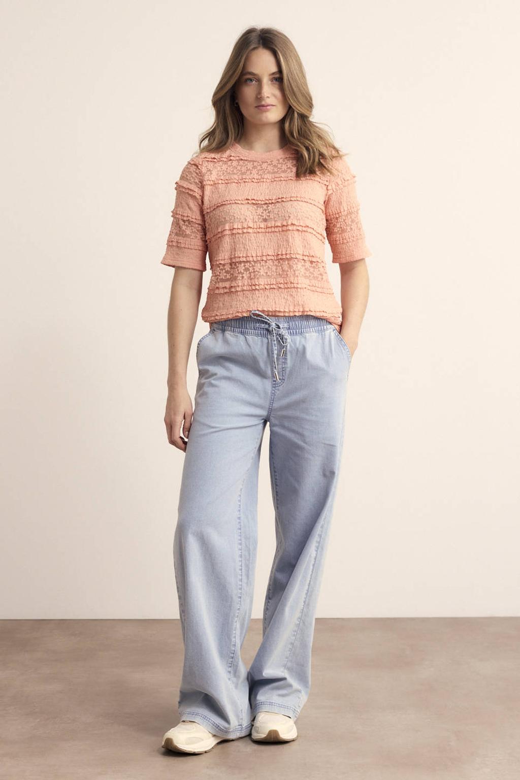 Blauwe dames Tramontana straight high waist casual broek van katoen met elastische tailleband met koord en effen