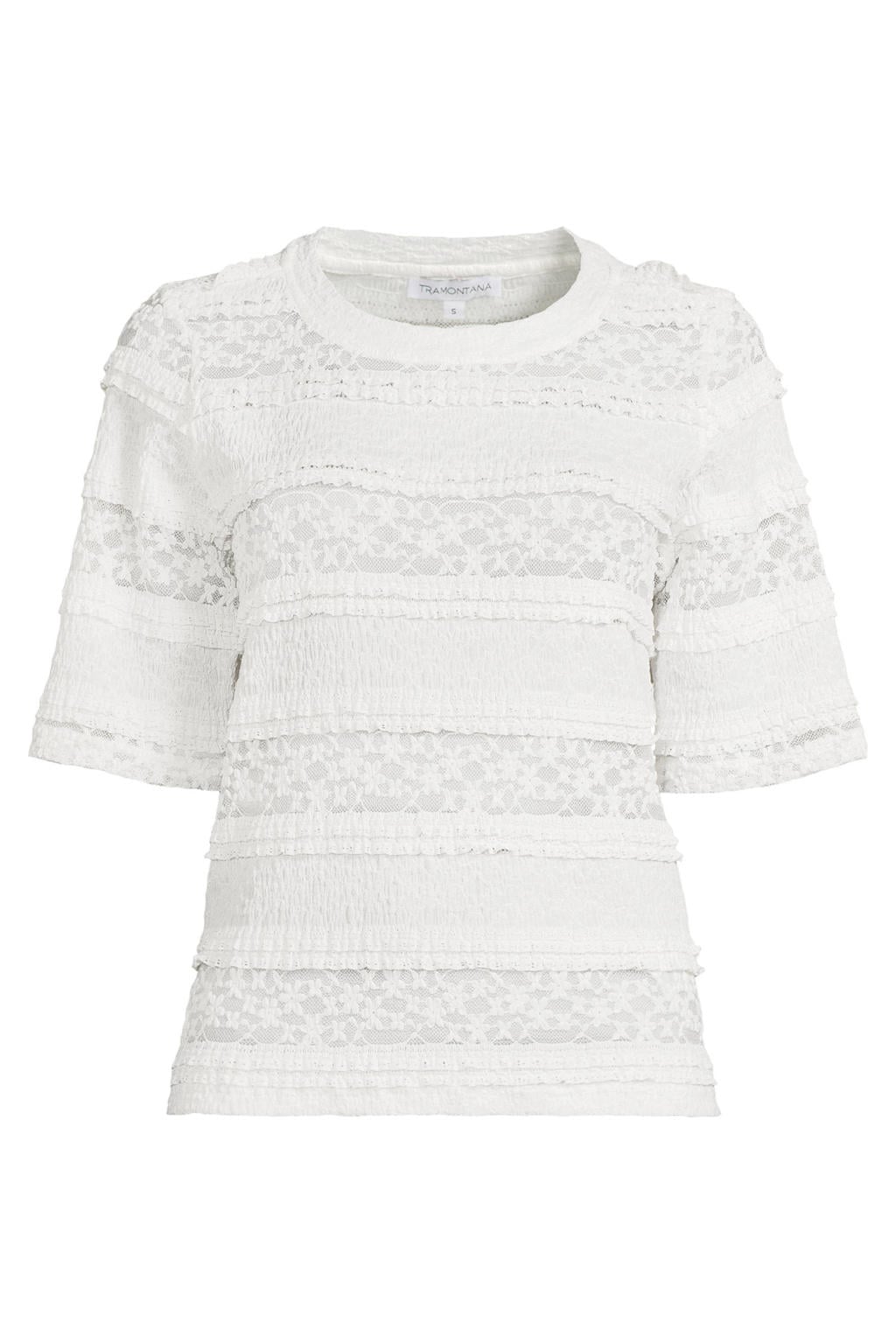 Witte dames Tramontana top van polyester met effen, korte mouwen, ronde hals en kant