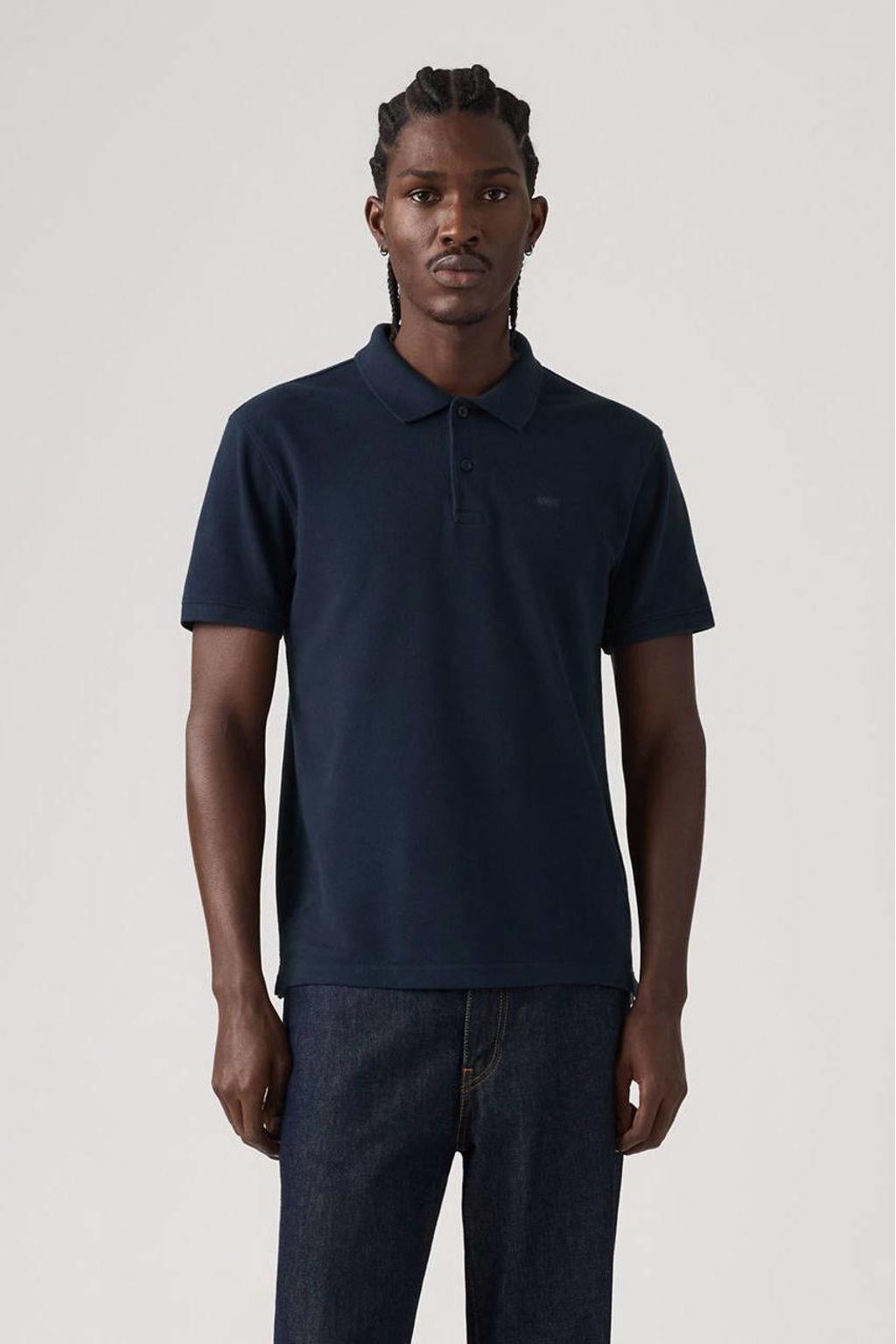 Donkerblauwe heren Levi's regular polo van katoen met effen, korte mouwen, knoopsluiting en pique
